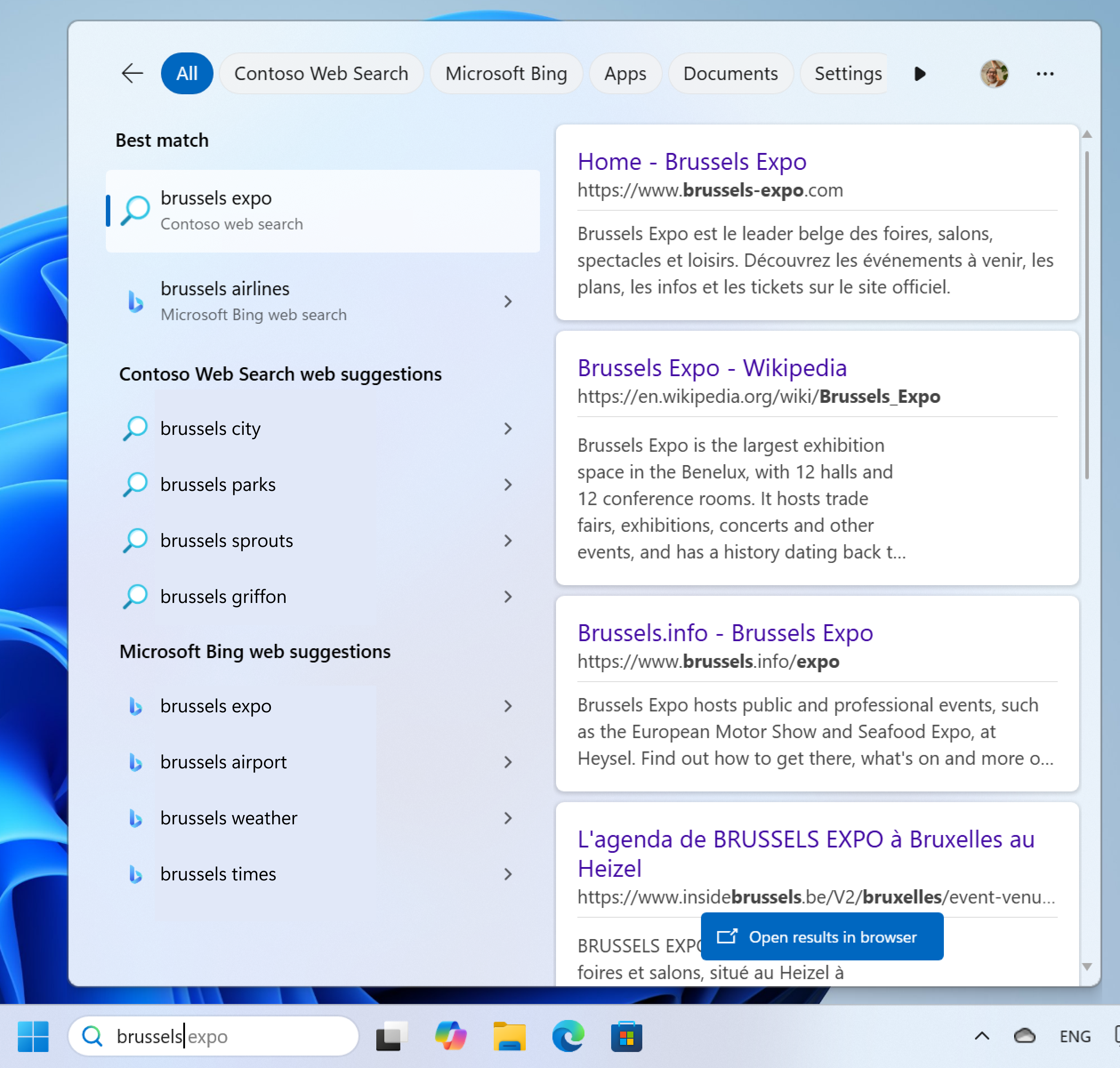 Search results from Windows Search showing multiple web search providers shown at the same time.